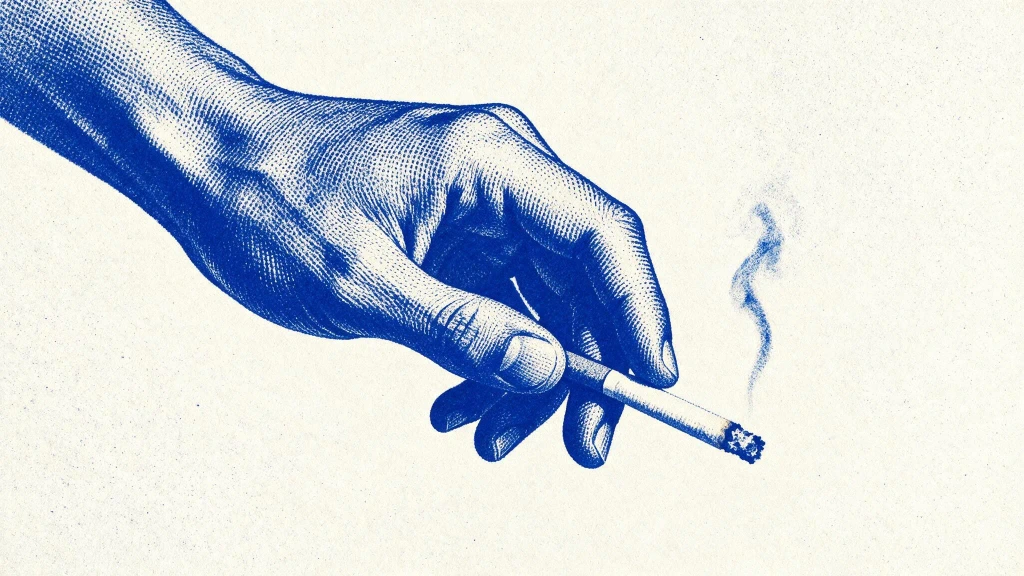 close up of a downward angled human hand delicately holding a lit cigarette, deep cobalt blue halftone print, textured off-white background, high contrast duotone aesthetic, vintage photocopy art style, strong solid blue shadows emphasizing wrist and finger contours, ample negative space, grainy risograph texture