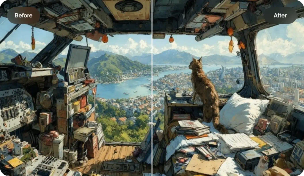 AI video upscaling interface showing low-resolution footage being enhanced to crisp 4K quality