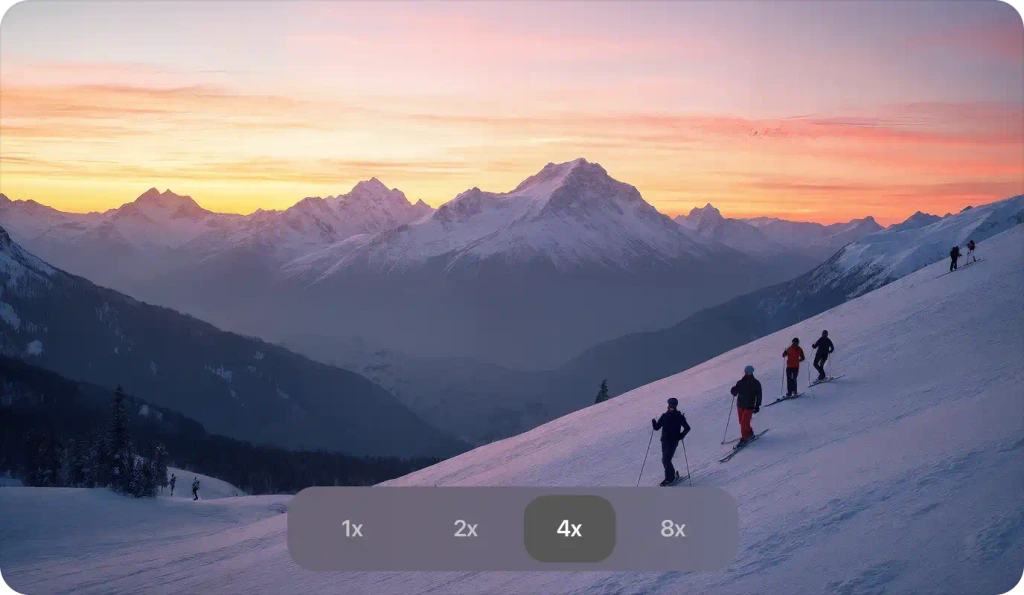 AI image upscaling interface showing transformation of low-resolution image into high-quality result with multiple upscaling factors