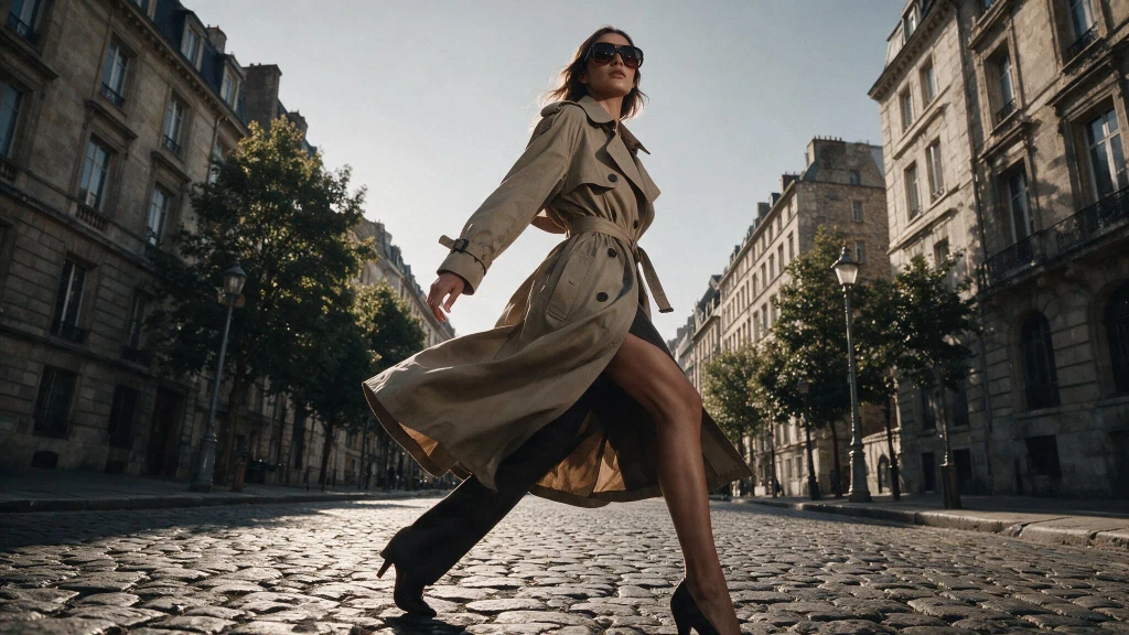 Fashion model dynamic pose, low vantage point, trench coat and sunglasses, action shot