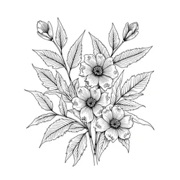 Botanical line art with leaves and flowers, minimalist black ink style