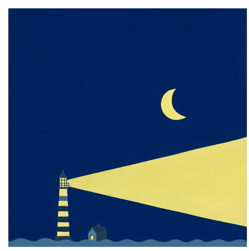 Minimalist flat-illustration lighthouse at night casting a wide yellow beam across a deep navy sky, a crescent moon overhead and a small keeper’s cottage below, clean geometric shapes.