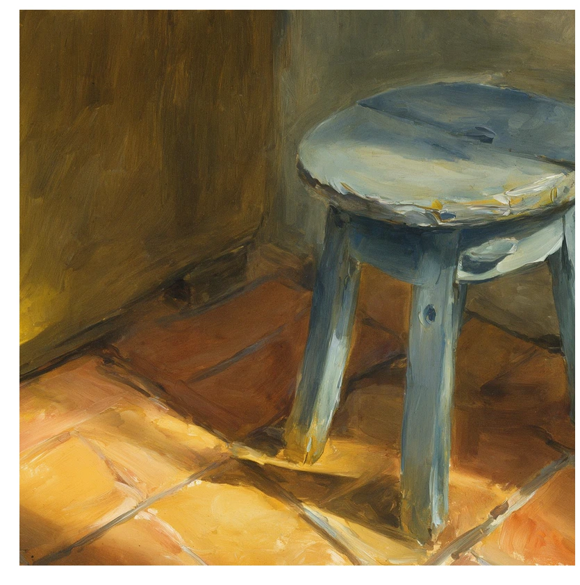 Loose impressionist oil painting of a weathered wooden stool on a terracotta tiled floor, warm ochre light spilling across the wall, visible tactile brushwork.