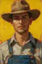 Oil painting of a man wearing a wide-brimmed brown hat, light-colored shirt, and blue denim overalls, shown from the chest up. The portrait uses thick, textured brushstrokes and warm earthy tones against a vivid yellow background, creating a rustic, sunlit atmosphere