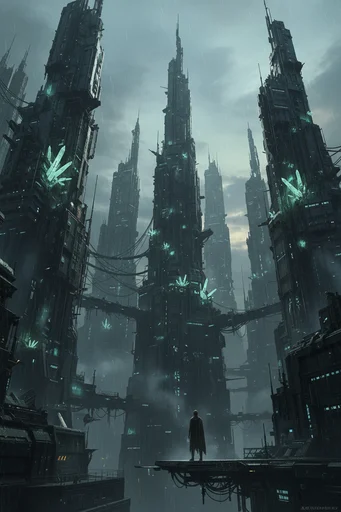 Gritty 3D AAA style rendering of an alien city