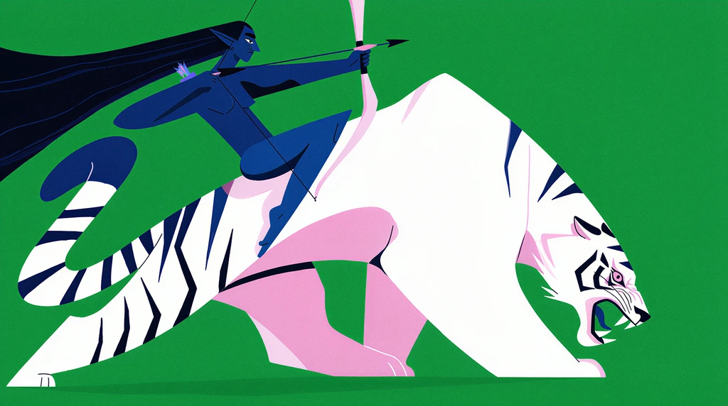 Fantasy concept art of a dark blue skinned elven archer riding a white tiger, solid green backdrop, flat graphic design, distorted proportions and highly dynamic expressive composition