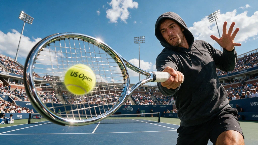 Hooded guy hitting tennis ball that says "US Open" with chrome shining racquet, mid backhand swing, close up, highly energetic composition, wide angle lens low vantage point, crisp HD photograph