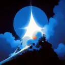 Digital artwork of a glowing white starburst set against a deep blue and black night sky, with soft, cloud-like formations and abstract mountain peaks in the foreground. Several spherical shapes in shades of blue and orange appear along the slope, creating a cosmic, otherworldly atmosphere