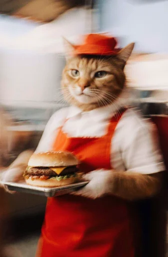 Cute orange tabby cat in fast food worker uniform, red apron and cap, holding a tray with a cheeseburger, inside a restaurant