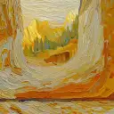 Surreal, thickly textured painting of a mountain landscape viewed through a rocky archway. The swirling brushstrokes in warm yellows, oranges, and creams create a sculpted, almost three-dimensional effect, while green trees and distant peaks add depth and contrast to the golden terrain