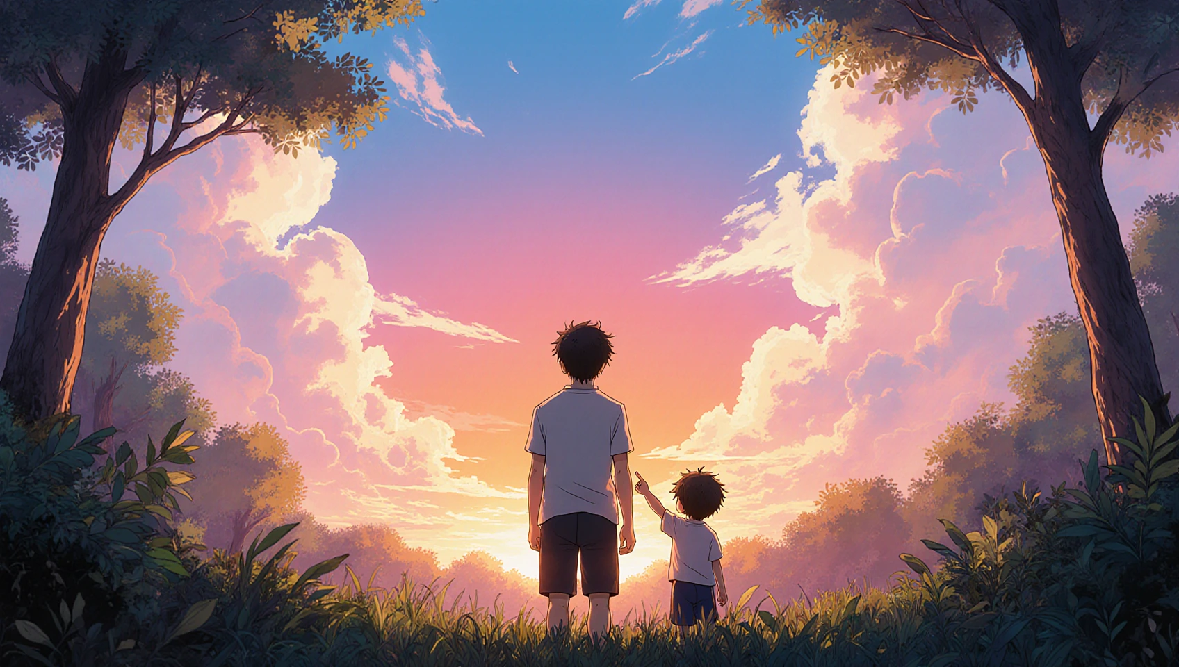 Dreamy scene dad and son look at the sunset, ghibli style anime scene, the kid is pointing towards the sunset