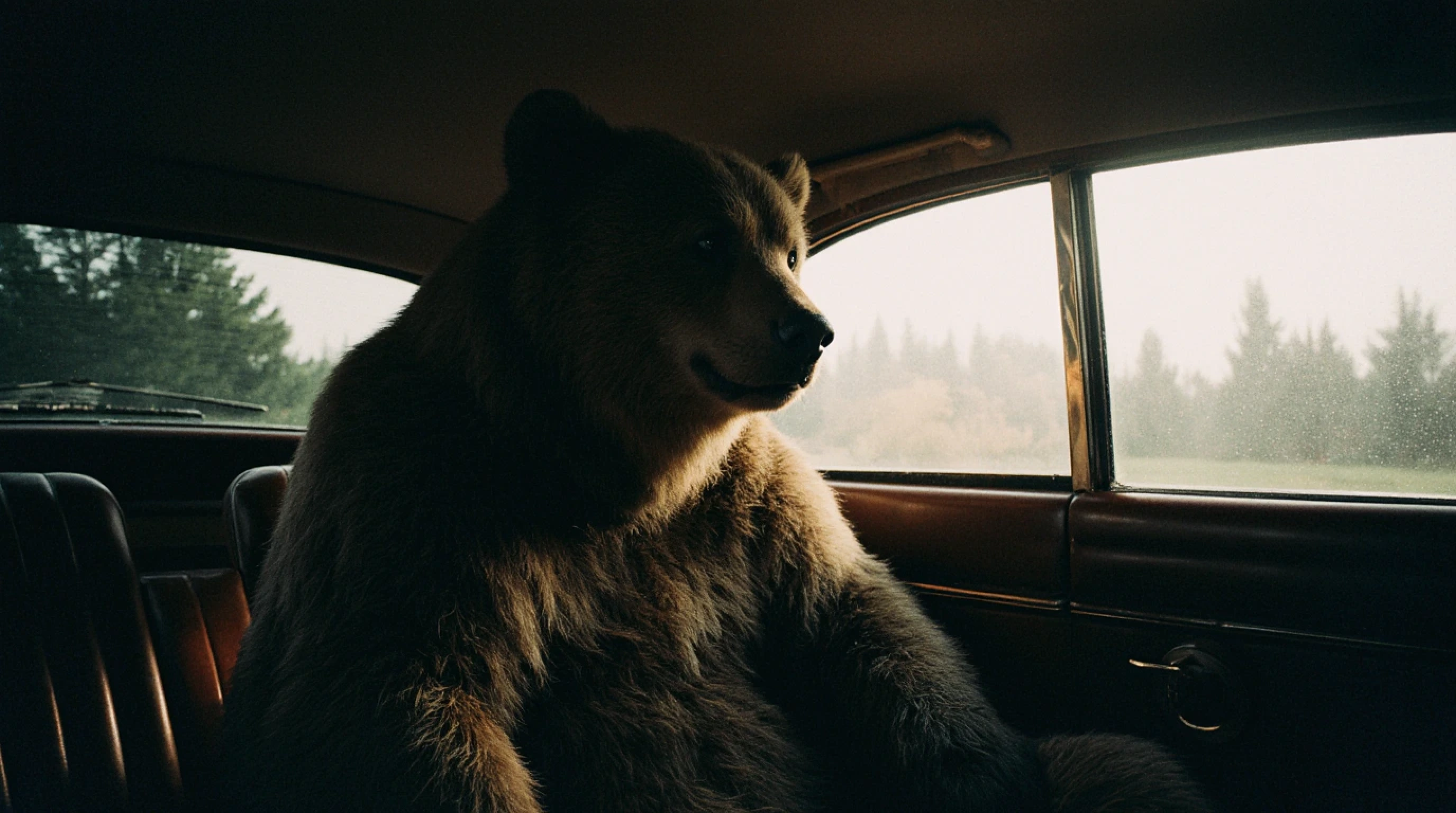 A bear on a chair in a car museum, moody, cinematic, dark shot, muted colors, film grain, soothing tones, technicolor