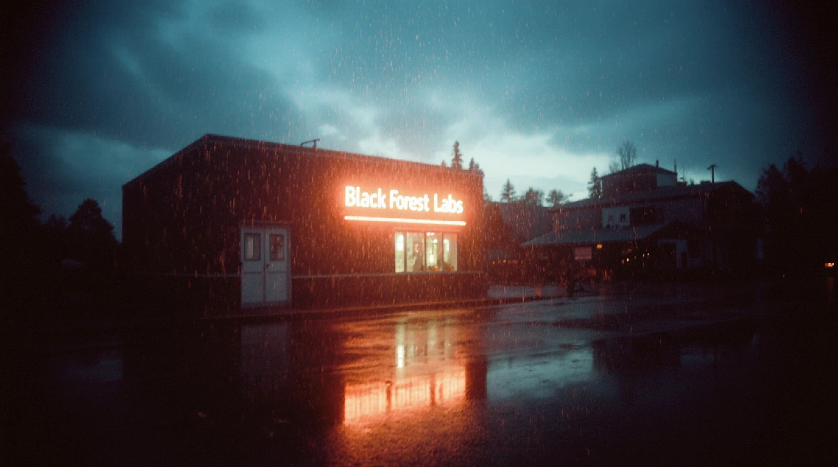 Moody night photography, a small store with an orange glowing sign that says "Black Forest Labs”