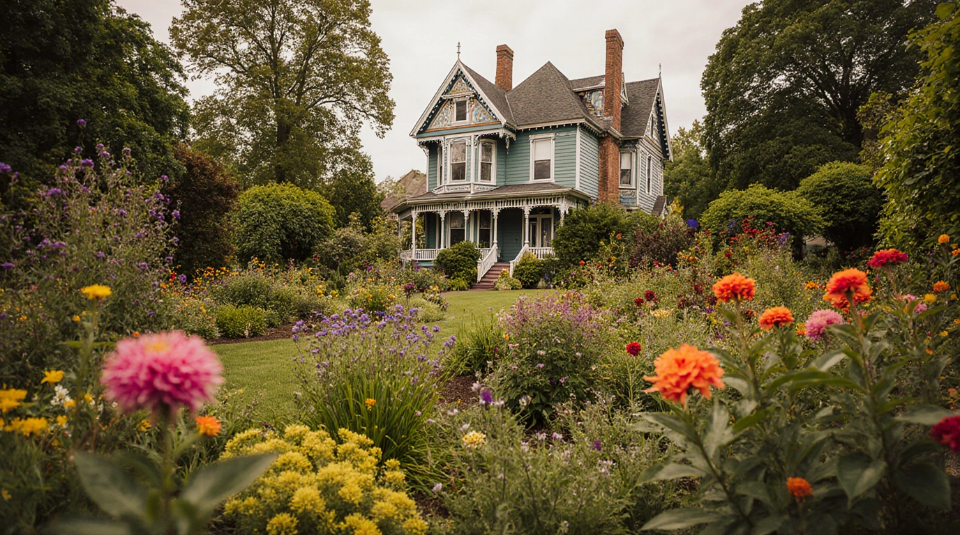Vibrant garden with victorian house