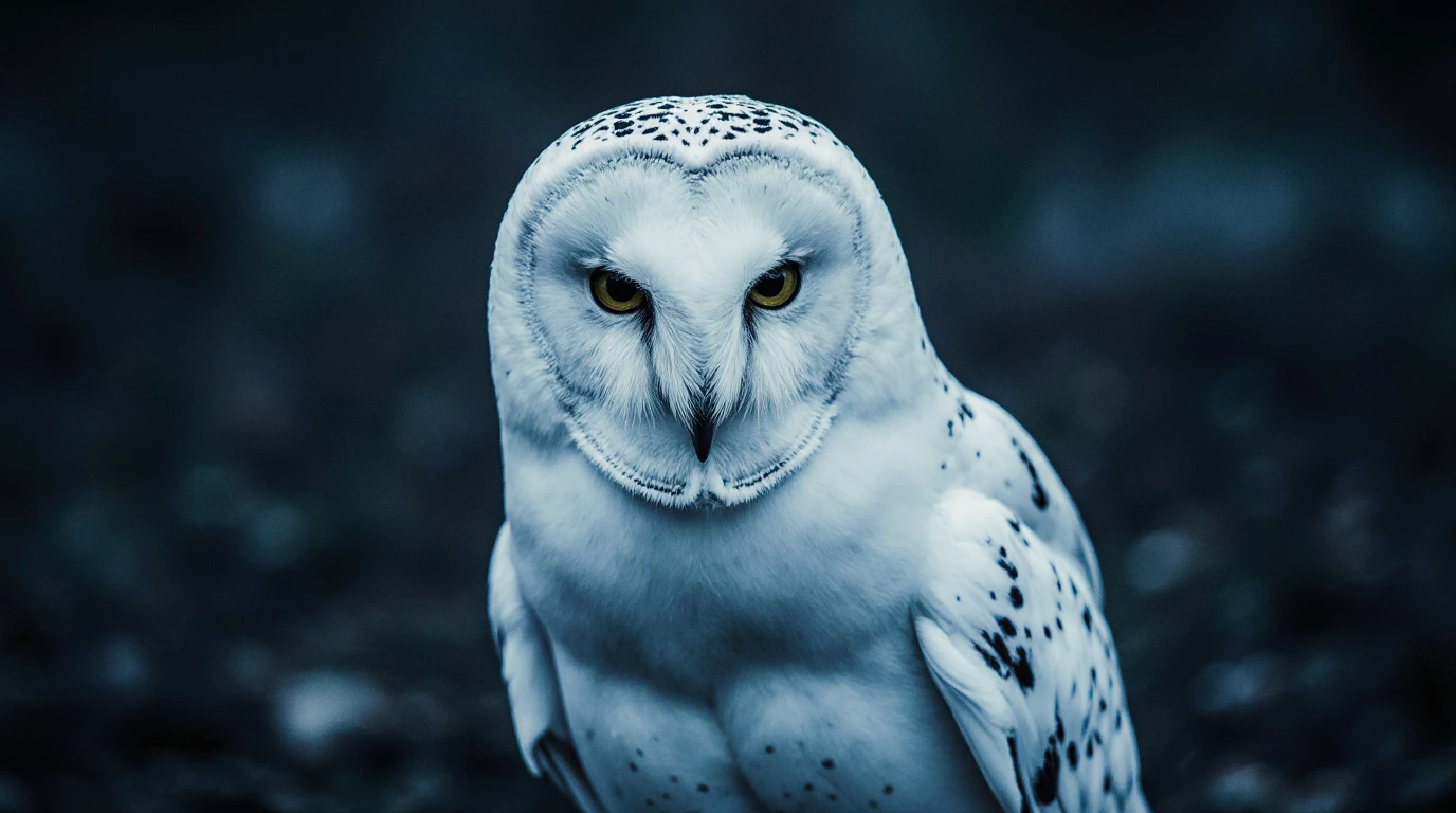White owl, close up portrait, mysterious ghost like owl, low contrast, cinematic dark moody photo, slight blue color grading
