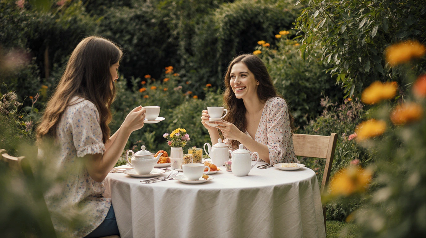 Photo of two people having a tea party in a lush garden