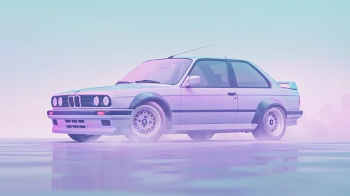 BMW E30 drifting in ethereal illustration with soft pastel palette and dreamlike lighting
