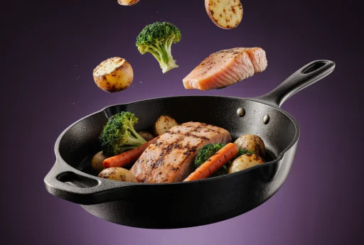 Cast iron pan with grilled fish and vegetables floating in mid-air, defying gravity