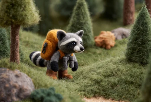 Miniature raccoon explorer made of wool wearing equipment in felt textile world