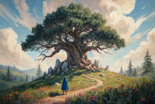 Single adventurer in blue cloak stands beneath colossal ancient tree on sunlit hill