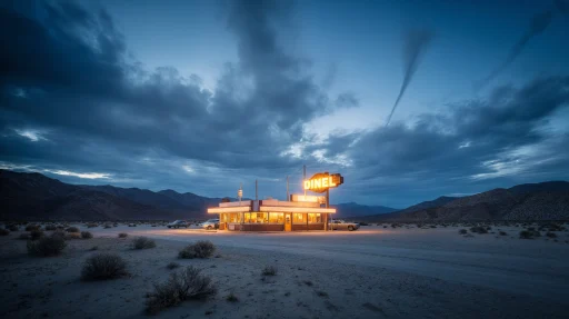 Small warmly lit roadside diner glowing in isolation at center of vast desert basin