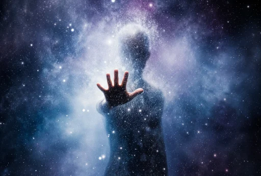 Surreal dreamlike image of semi-silhouetted human figure walking through glowing celestial light