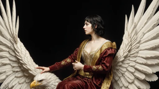 Young woman with short black hair sitting on an eagle's wing in Rembrandt lighting style
