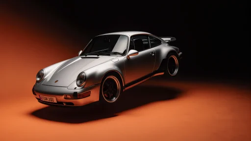 Dark elegant photo of silver Porsche 911 floating in mid air on gradient background