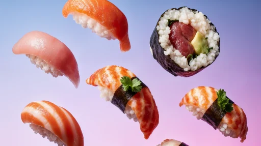 Different pieces of sushi floating in air, isometric perspective, product photography