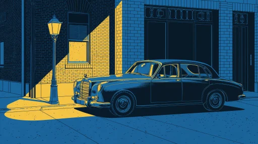 Illustration of a car at night illuminated by yellow street lantern in front of New York brick building