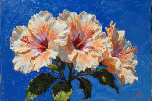 Oil painting of three peach-to-white hibiscus blossoms against cerulean sky-blue backdrop