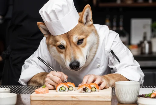 Serious Shiba Inu chef meticulously crafting miniature sushi with precision tools