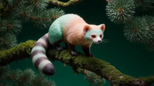 Pine marten on mossy branches high in the canopy with deep green backdrop