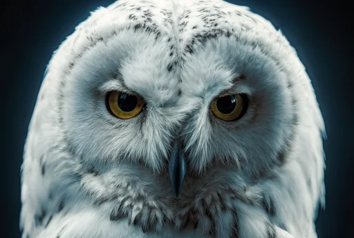 White owl close-up portrait with mysterious ghost-like face and intense yellow eyes