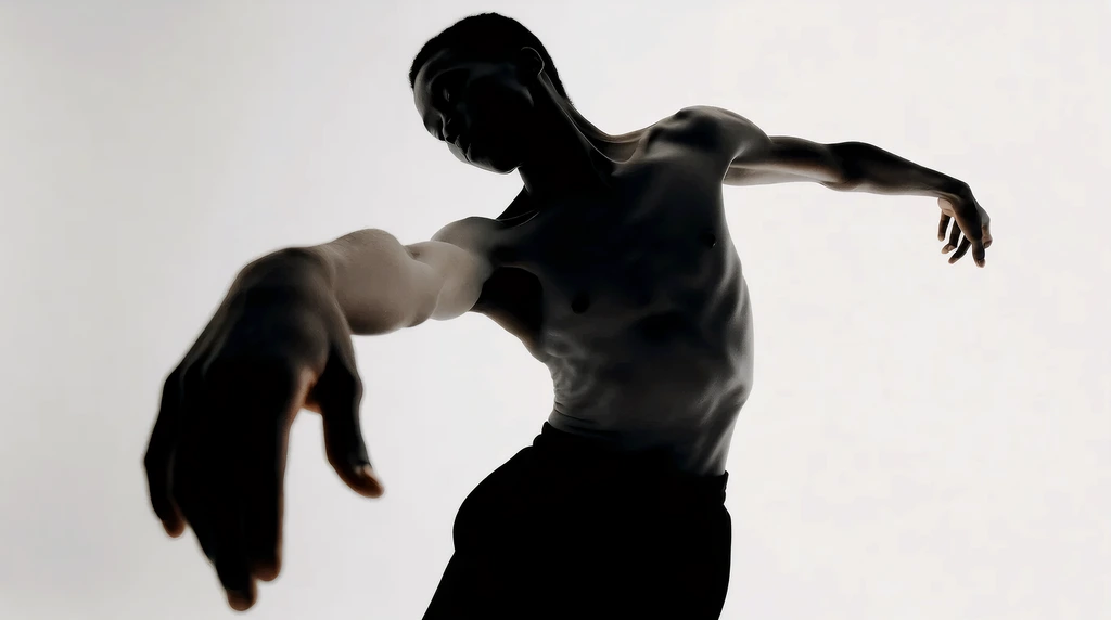 a male contemporary dancer focused on dancing, Contrapposto pose, body contorted, wide angle, wide angle, one hand outstretched mid-dance towards the camera, his face turned away from the camera, high contrast