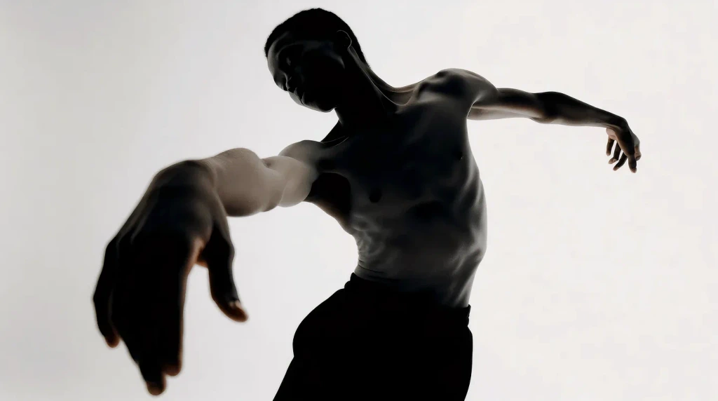 a male contemporary dancer focused on dancing, Contrapposto pose, body contorted, wide angle, wide angle, one hand outstretched mid-dance towards the camera, his face turned away from the camera, high contrast