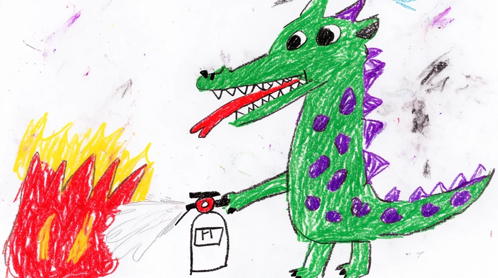childish crayon drawing, a dragon spraying a fire extinguisher at some fire