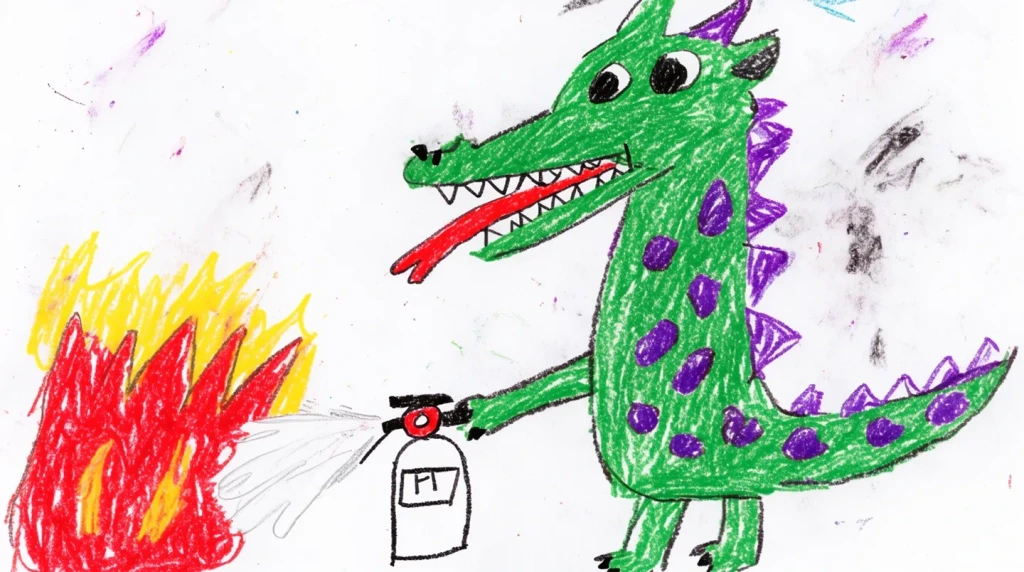 childish crayon drawing, a dragon spraying a fire extinguisher at some fire