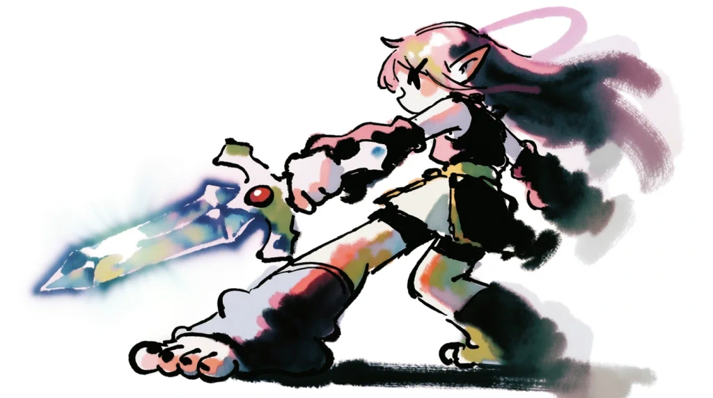 A highly stylized, energetic illustration depicts a female elf character with long pink hair wielding a glowing blue crystal sword in a dynamic, wide-angle pose. The character, rendered in a loose, sketch-like style with ink-wash and watercolor textures, is captured in profile facing left, her body angled backward as if in mid-movement or combat. Her hair, a vibrant mix of pinks and magentas, streams behind her, accentuated by a thin pink ribbon or strand. She has pointed elf ears and a sharp, focused eye visible in the profile. Her attire consists of a dark, possibly black, tunic or top with pink accents and detached sleeves or arm warmers in a similar dark hue. She wears dark shorts or a skirt with a white panel, and her legs are clad in thigh-high socks or stockings that appear to have a reddish-pink tint near the top. Her feet are exaggerated in perspective, with large, cartoonish toes clearly visible, emphasizing the dramatic foreshortening of the composition. In her right hand, she grips the white hilt of a large, jagged sword that glows with an intense, translucent blue light, featuring a red gem embedded in the crossguard. The sword's blade is long and crystalline, emitting a radiant blue aura that contrasts sharply with the stark white background. The artwork utilizes rough, expressive brushstrokes, leaving parts of the image unfinished or sketchy, particularly around the edges of her hair and clothing, giving it a raw, spontaneous feel.