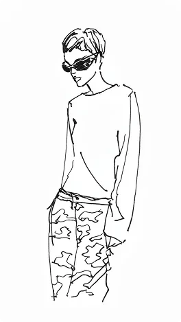 Model with sunglasses, camo pants