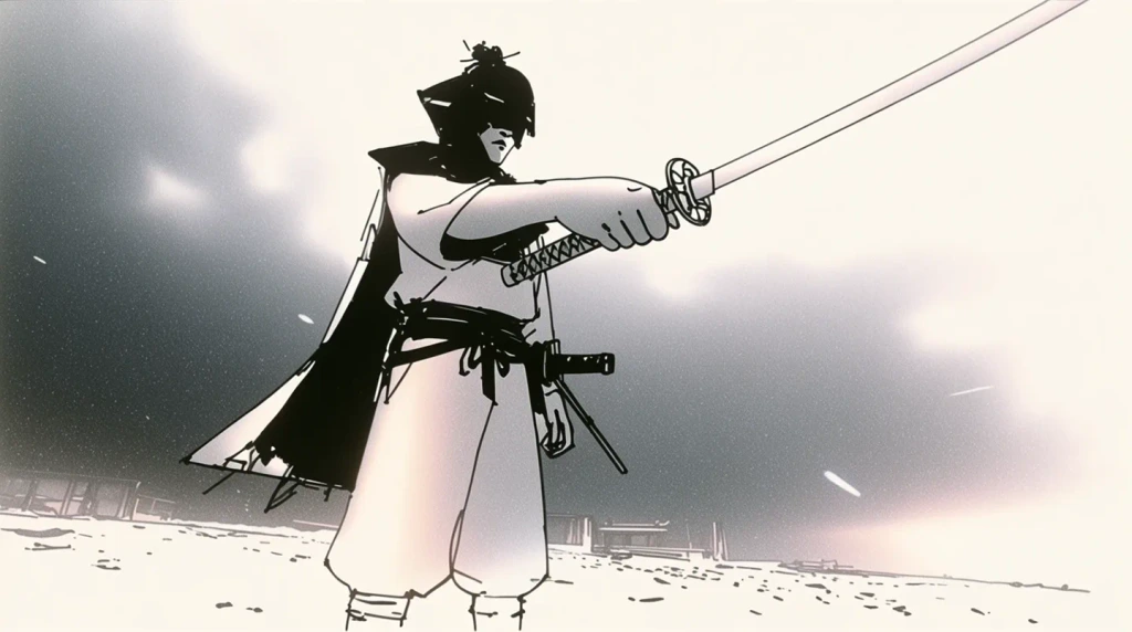 Samurai drawing his blade, dramatic action shot, wide angle lens