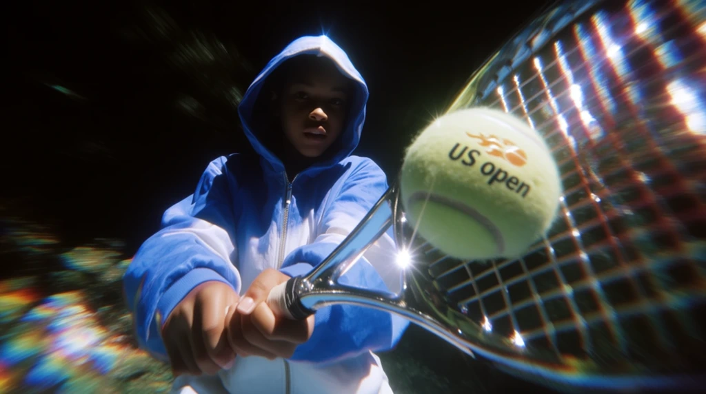 Hooded girl riding hidding tennis ball that says "US Open" with chrome shining racquet, mid backhand swing, close up, highly energetic composition, wide angle lens low vantage point, crisp HD photograph