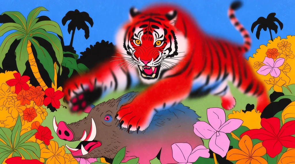 Terrifying tiger pouncing on boar in the jungle, vibrant colors, dramatic action shot, wide angle lens