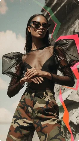 Model with sunglasses, camo pants