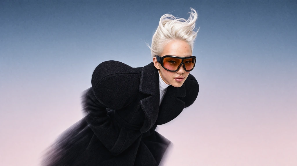 A fashion portrait: a platinum-haired woman in amber shield sunglasses and an oversized black wool coat leans into the wind against a blue-to-pink studio gradient.