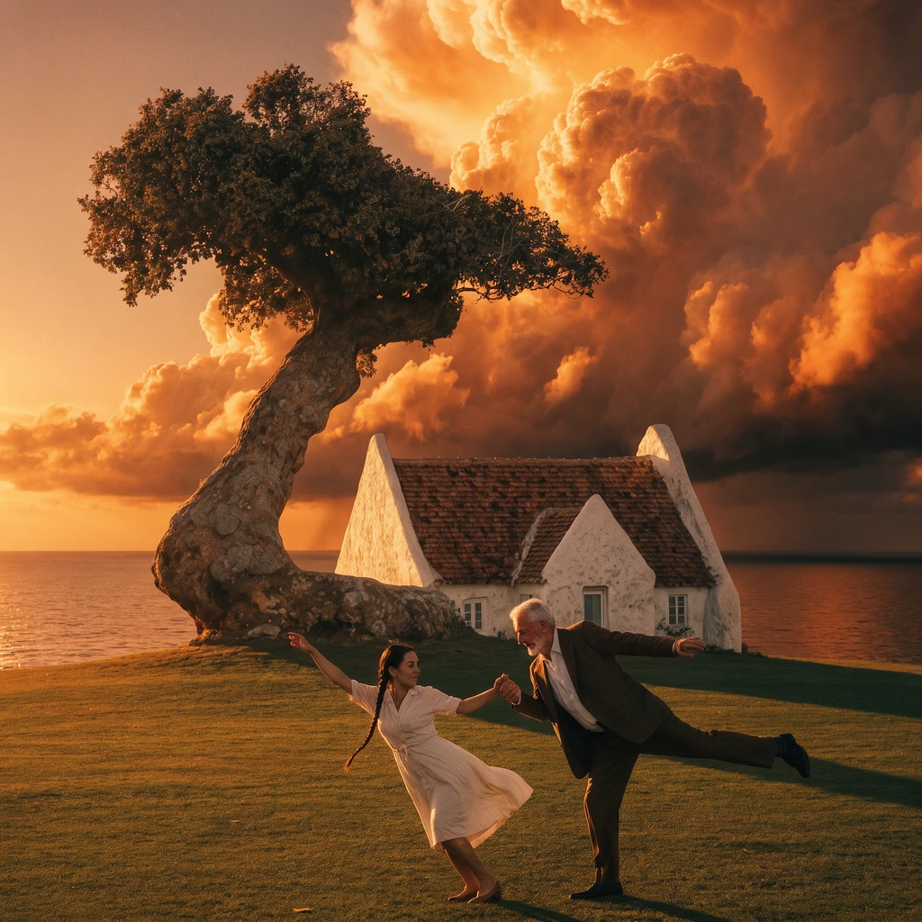 The same scene under fiery orange-gold storm clouds.