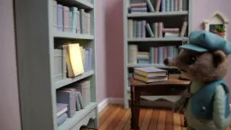 A meticulously crafted stop-motion shot of a tiny felt creature (3-4 inches tall) discovering a miniature enchanted library. The puppet should move through a detailed set with individually crafted books, a thimble-sized oil lamp, and a matchbox desk. Animate a slow push-in over 8-10 seconds (200-300 frames at 24fps) as the character reaches for a glowing book. Use soft, diffused studio lighting from above and camera-left, avoiding harsh shadows while maintaining texture and depth. The set should have forced perspective to enhance the sense of scale. Light practical elements (the lamp) with tiny LED lights. Color grade toward a pastel, slightly desaturated palette—soft pinks, mint greens, dusty blues—creating a dreamy, nostalgic atmosphere. Maintain the handcrafted aesthetic with visible textures in fabric, paper, and wood.