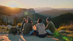 Shot from beer commercial. This is a golden hour wide shot capturing friends gathered around a campfire on a mountain overlook, shot with a gimbal or Steadicam moving through the group. Begin behind the subjects looking toward a vista of mountains and valleys bathed in warm sunset light, then circle around to reveal their faces illuminated by firelight. Use entirely natural lighting—golden hour sun from behind/side creating rim light on subjects, plus the warm orange glow of the practical fire as key light on faces. Keep depth of field moderately shallow (f/2.8-4) to soften the background slightly while maintaining group focus. Include lens flare naturally if sun catches the lens. Grade with warmth enhanced, slight desaturation for an organic, film-like quality. The shot should emphasize authentic friendship, adventure, and the reward of a cold beer in nature.