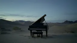 Shot from experimental movie, a grand piano explodes in the middle of the desert, ball of flame, blue hour. Static camera shot, locked-off.