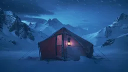 A red tent in a blizzard, at blue hour. The tent is lit from inside with a small lantern, giving it a warm glow. Around it, terrible weather and snow lashes the environment. Mountainous scene. Establishing shot.